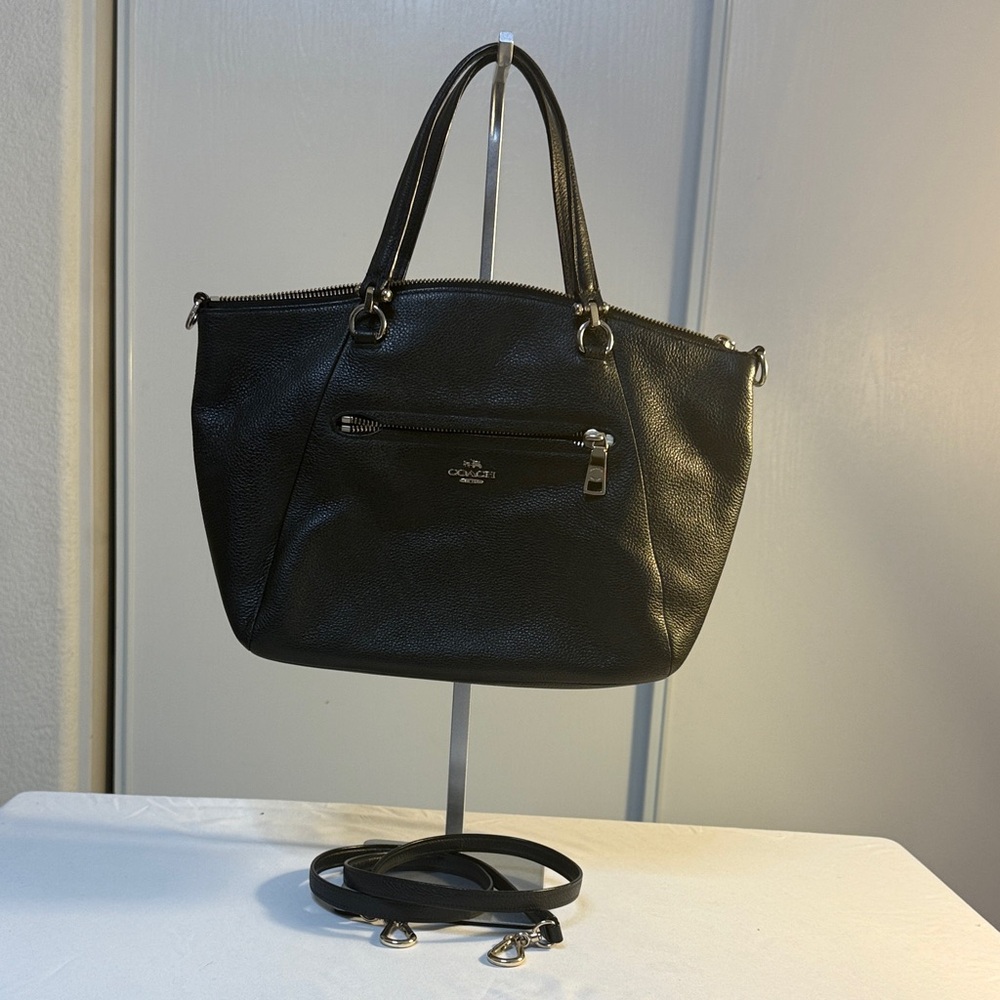Black Leather CoachTote Bag with Shoulder Strap